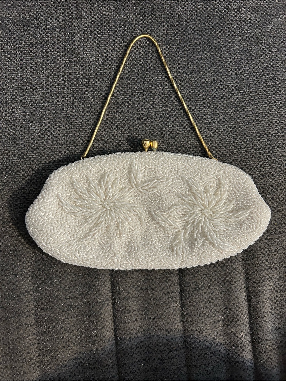White Beaded Floral Clutch with Gold Handle